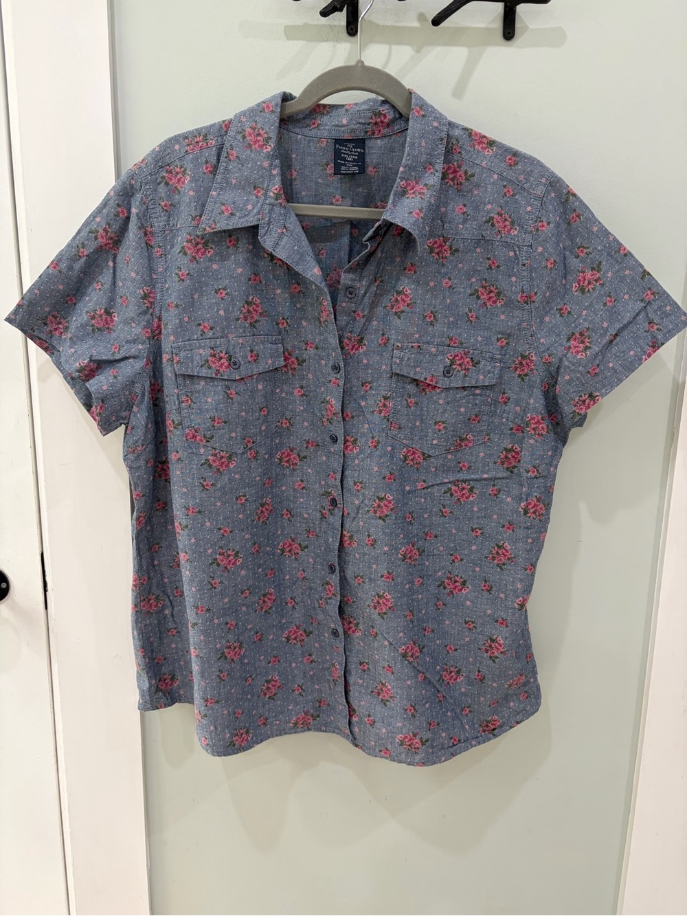 Button Front Short Sleeve Shirt XXL -  floral chambray cotton